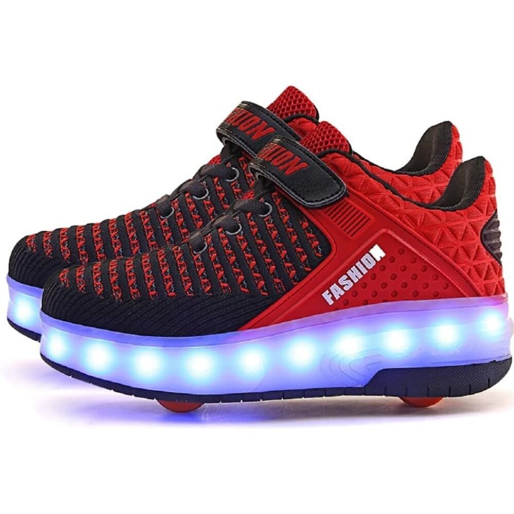 🆕 Men Black USB Chargable LED Light Up Roller Wheeled Skate Sneaker Shoes Kids